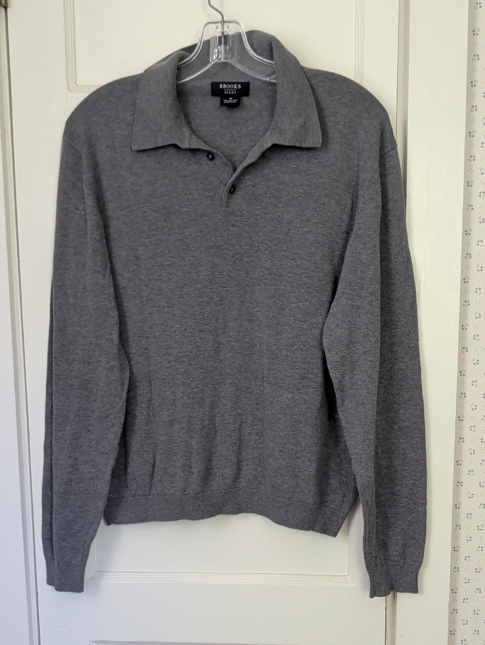 Brooks Sport Sweater Shirt Gray V-Neck 1/4 button Cotton Knit Long Sleeve Polo
